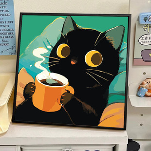 可爱卡通治愈黑猫咪数字油画DIY手工绘填充涂色解压小尺寸装饰画