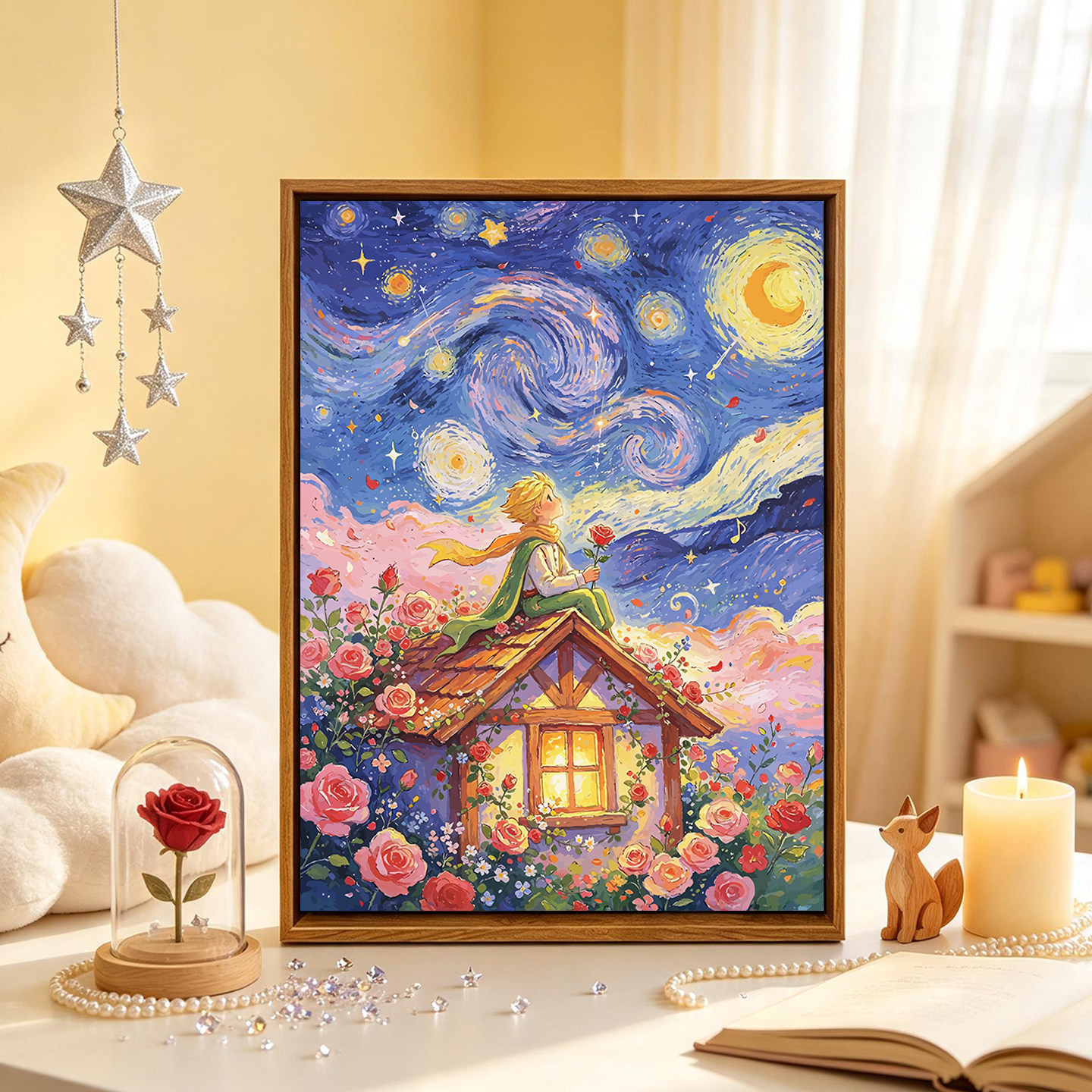 梵高的星空下玫瑰小王子数字油画图片