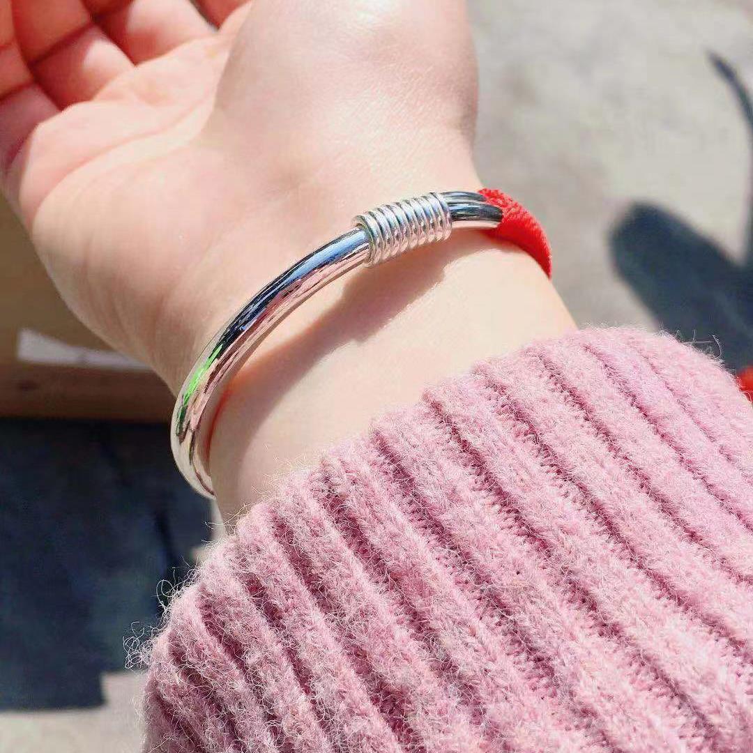 正品足银999纯银手镯女丝实心银光面足大人宝宝款手工绕定制民族