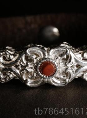 正品蒙客皮手环男女手镯日本枥木鞍92纯银扣革镶嵌5手原矿绿松石