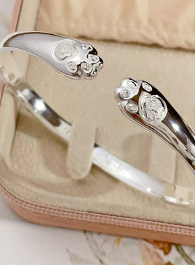 纯银实心平安喜乐猫爪手镯贵妃镯