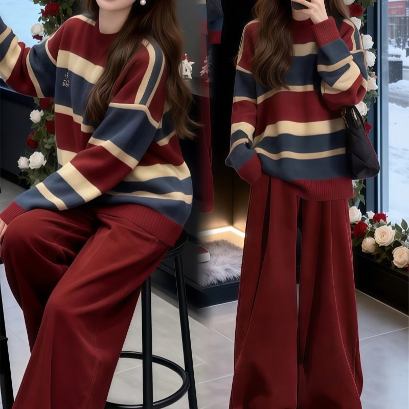 Fashion Master时尚大师秋冬时尚休闲条纹套头上衣搭配百搭阔腿裤,女装/女士精品,时尚套装,淘宝优惠券,粉丝福利购,淘宝优惠卷