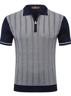 UOMO COLLEZIONI短袖POLO衫蚕丝T恤2025春夏新条纹透气弹性男休闲