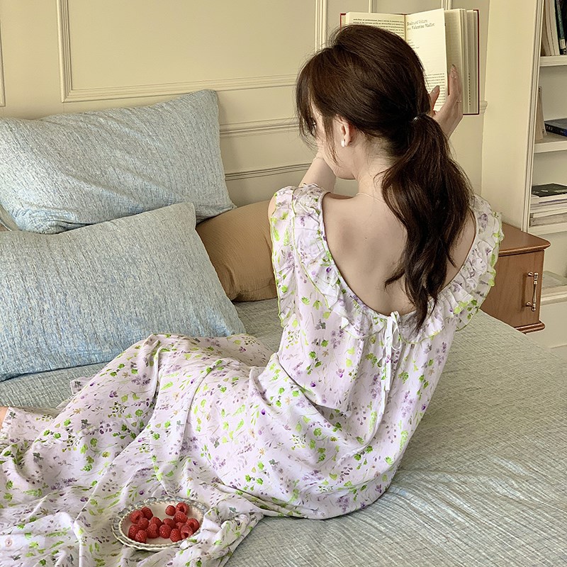 小性感露背碎花裙女睡裙可外穿荷C叶边长款脚踝长裙连衣裙子睡衣