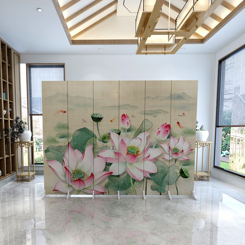 荷花屏风中式隔断客厅摺叠可移动办公室家用玄关简约折屏过道遮挡
