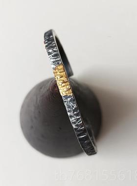 正品偶屿大淘金925纯银木纹手镯足手击金错金浪敲开口镯原创手工