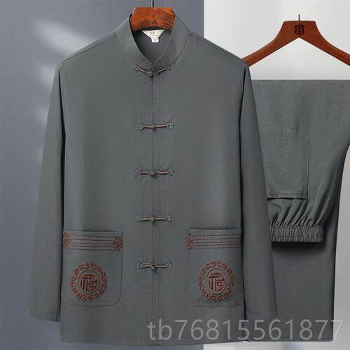 正品唐装男中老年人爸长装秋袖两件套装太极服爷春爷冰爸丝新中式