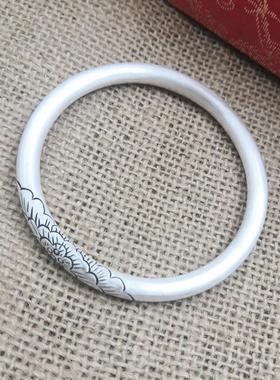 正品足银999复文艺手工纯手镯哑光闭口牡丹银花女款古族风定做民