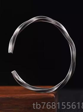 正品999乌纯银比斯环手镯男士款素圈莫银复古国风生日礼物男生足