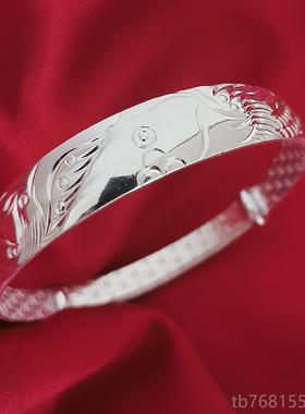 正品足银9999牡手镯纯银花女新款送妈妈中老年开人口简约丹莲百福