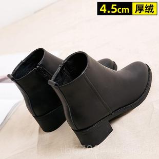 靴职业女鞋 正品 装 秋冬粗跟短靴黑色加绒工作鞋 女皮 中跟靴短筒工季