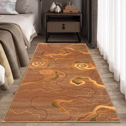 新中式家用床边毯土黄色祥云开运招财地毯房间卧室加厚仿羊绒地垫