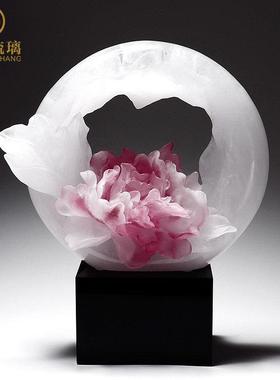 琉璃艺术品牡丹花摆件客厅办公室装饰轻奢创意高级工艺品乔迁礼物