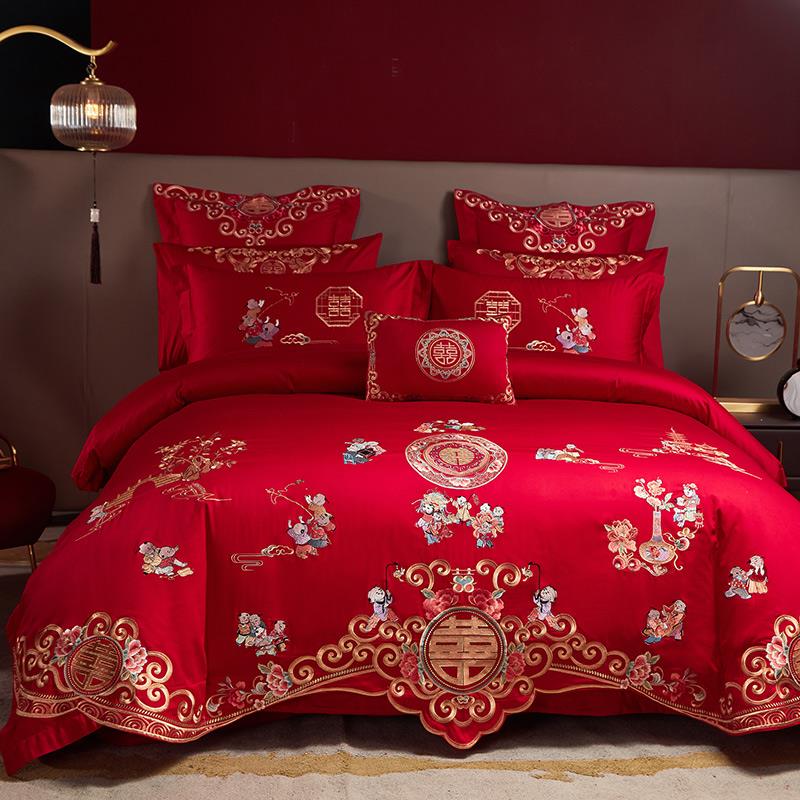 高档中式百子图刺绣婚庆四件组红色龙凤被套床单喜被结婚床上用品