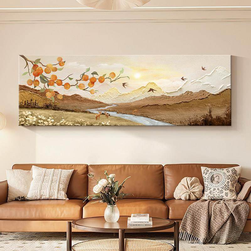 柿柿如意客厅装饰画原木奶油风背有靠山水画沙发背景墙壁挂画横版