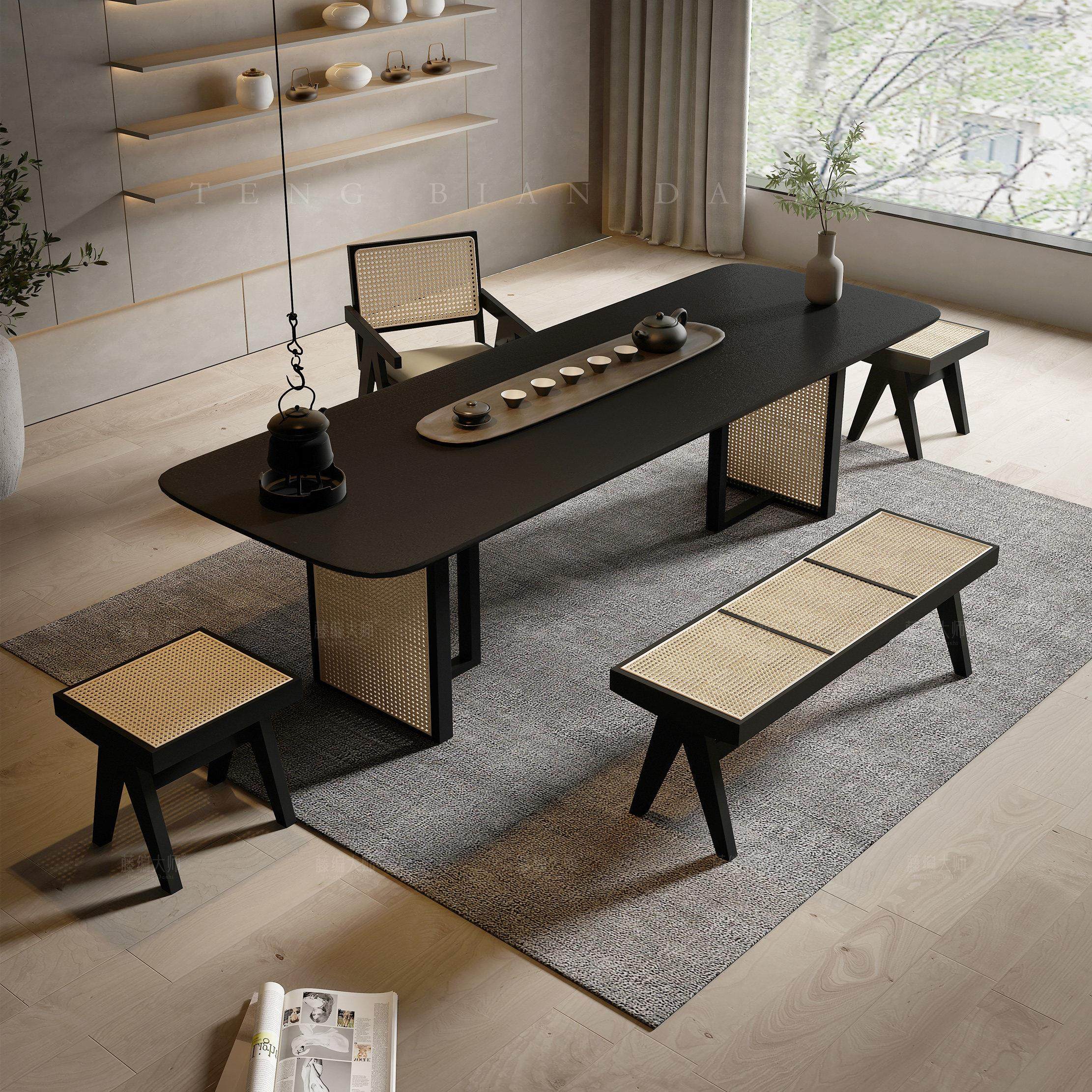 侘寂风藤编实木泡茶桌简约功夫茶大板茶台办公室新中式茶桌椅组合,住宅家具,家用茶台/茶桌,淘宝优惠券,粉丝福利购,淘宝优惠卷