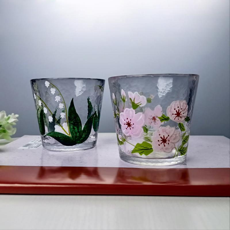 小清新日式锤纹清酒杯手绘铃兰洋牡丹水晶玻璃水杯茶杯威士忌杯