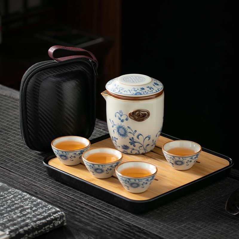 青花可携式汝窑旅行茶具套组户外随身陶瓷泡茶壶茶杯简易露营快客