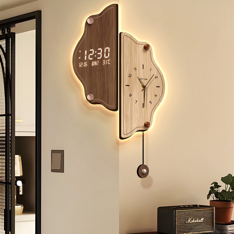 中古风客厅转角挂钟数显万年历电子钟双面拐角时钟高级感挂墙钟表