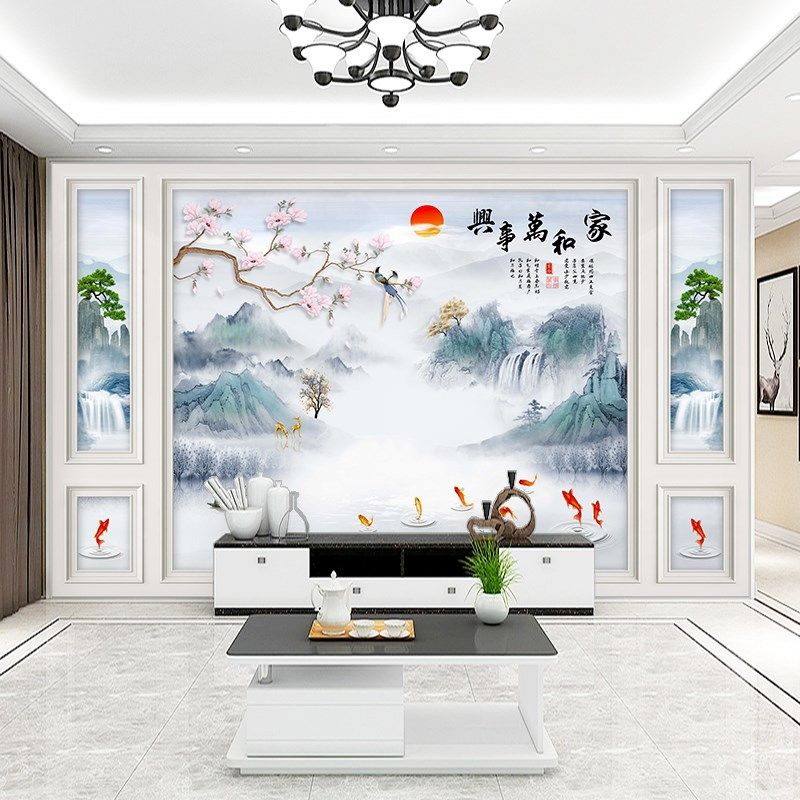 精选定制客厅新中式水墨山水18D电视背景墙壁画墙布壁纸顺风顺水,家装主材,定制壁画,淘宝优惠券,粉丝福利购,淘宝优惠卷