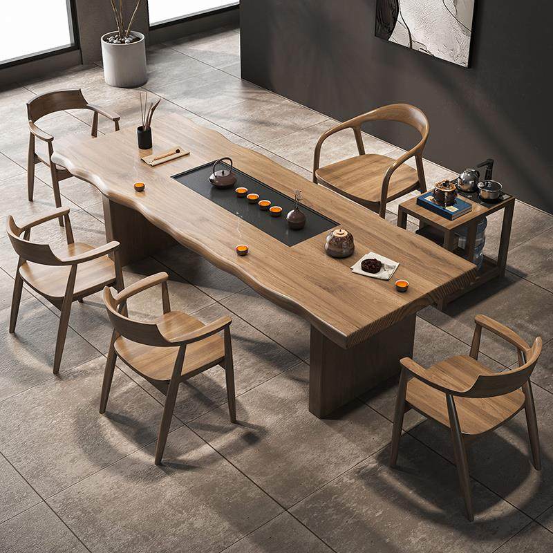 实木茶桌茶盘一体泡茶桌椅组合后现代简约办公室功夫茶台大板桌子