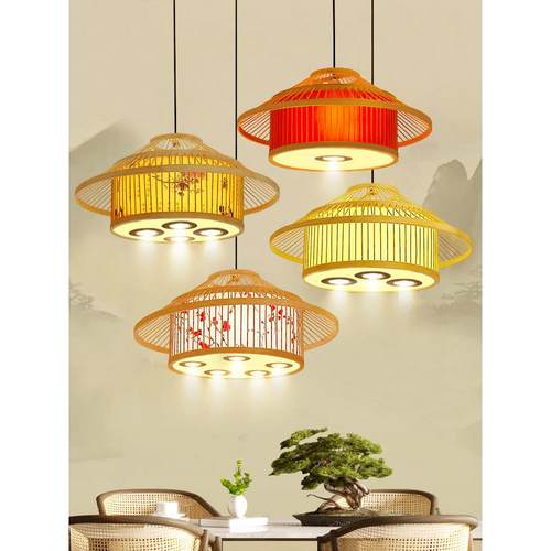 饭店包间竹编吊灯餐厅包厢包房灯酒店新中式灯笼火锅店射灯款灯具