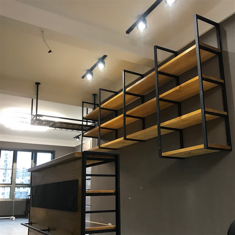 铁艺吊架吧台置物架前台悬挂酒架工业风实木装饰墙上壁挂隔板架子