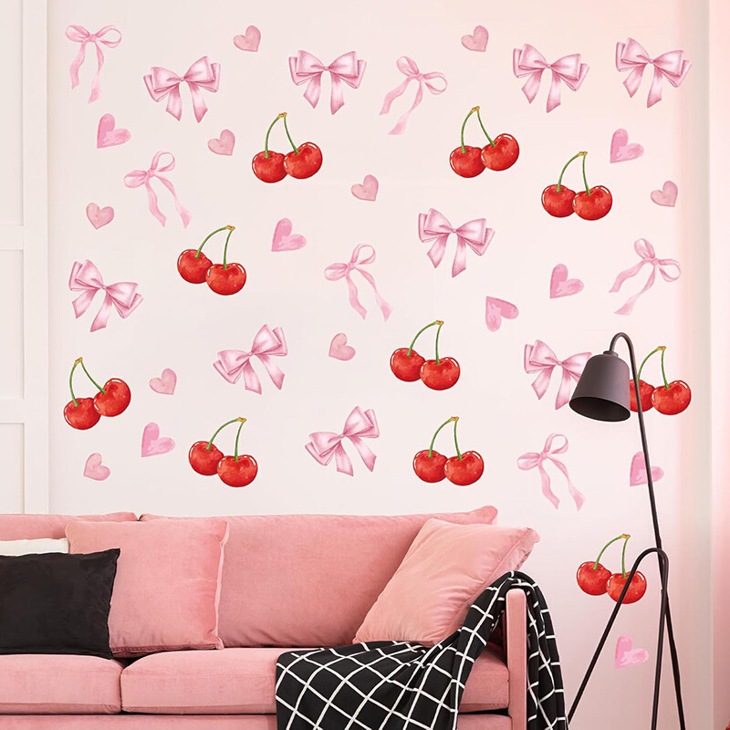 新款波西米亚风樱桃女孩卧室墙面装饰墙贴pvc粉色蝴蝶结贴纸窗贴