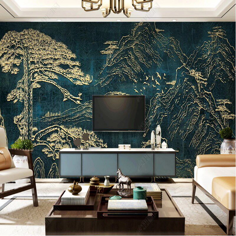 新中式金色浮雕雕刻国画山水迎客松背景墙客厅沙发壁画墙布壁纸