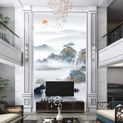 新中式别墅挑高复式楼客厅电视背景墙纸山水壁画玄关壁纸墙布壁布