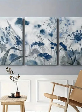 艺术高清家居装饰画三联蓝灰色花叶油画复古印象派植物喷绘油画