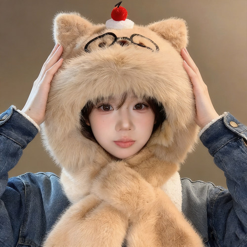 可爱卡通小熊毛绒帽子围巾女