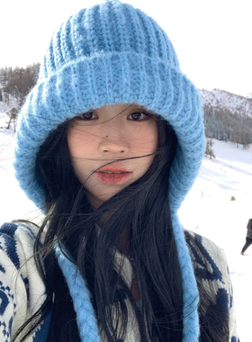 蓝色针织帽子女冬季巴拉克拉法帽