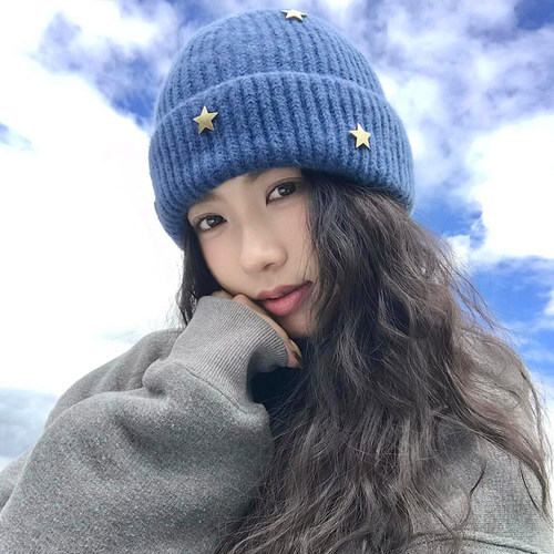 蓝色帽子立体星星针织毛线帽女