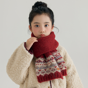 红色儿童围巾新年氛围感冬季费尔岛风学生加厚保暖防风护颈围脖女