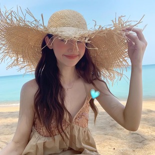 拉菲草帽女2025新款夏海边度假风大头围大帽檐超长毛边编制遮阳帽