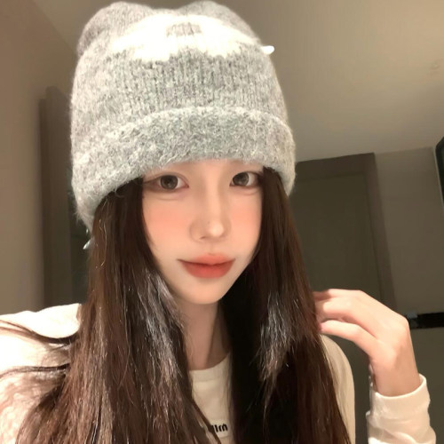 毛线帽子女甜美可爱小花针织帽