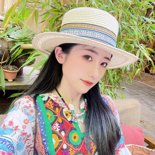 波西米亚度假防晒平顶草帽女