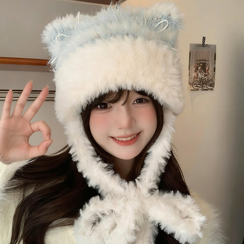 甜美毛绒帽蝴蝶结猫耳朵冬季百搭