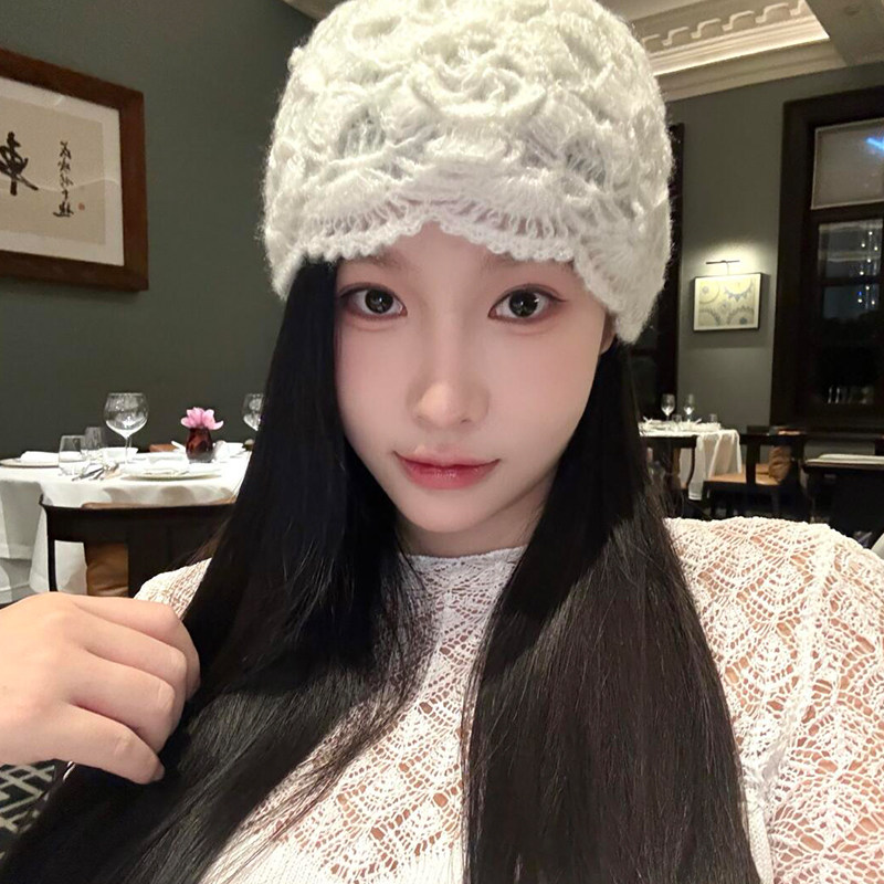包头帽女手工钩花编织镂空秋冬季大头围保暖冷帽日系文艺针织帽子