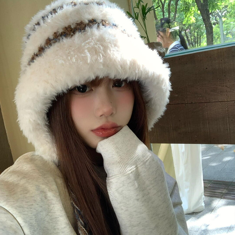 显脸小雷锋帽子毛绒绒秋冬大头围保暖防寒可爱绑带毛线针织套头帽