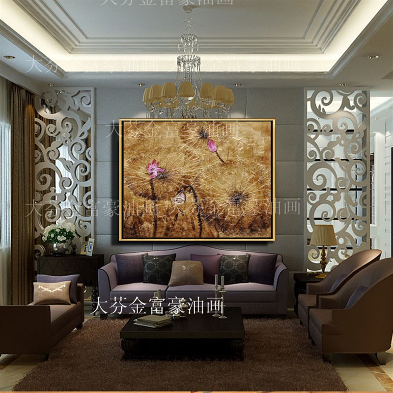 纯手工油画东南亚风格贴奢华金箔荷花装饰画家居墙饰抽象挂画图片