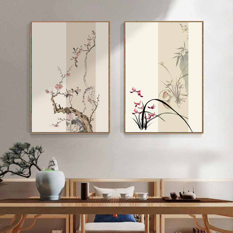 梅兰竹菊挂画中国风客厅装饰画书房茶室背景墙山水画迎客松壁画框