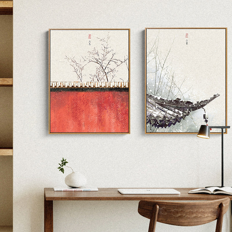 新中式竖版茶室装饰画二十四节气客厅书房背景墙壁画民宿三联挂画