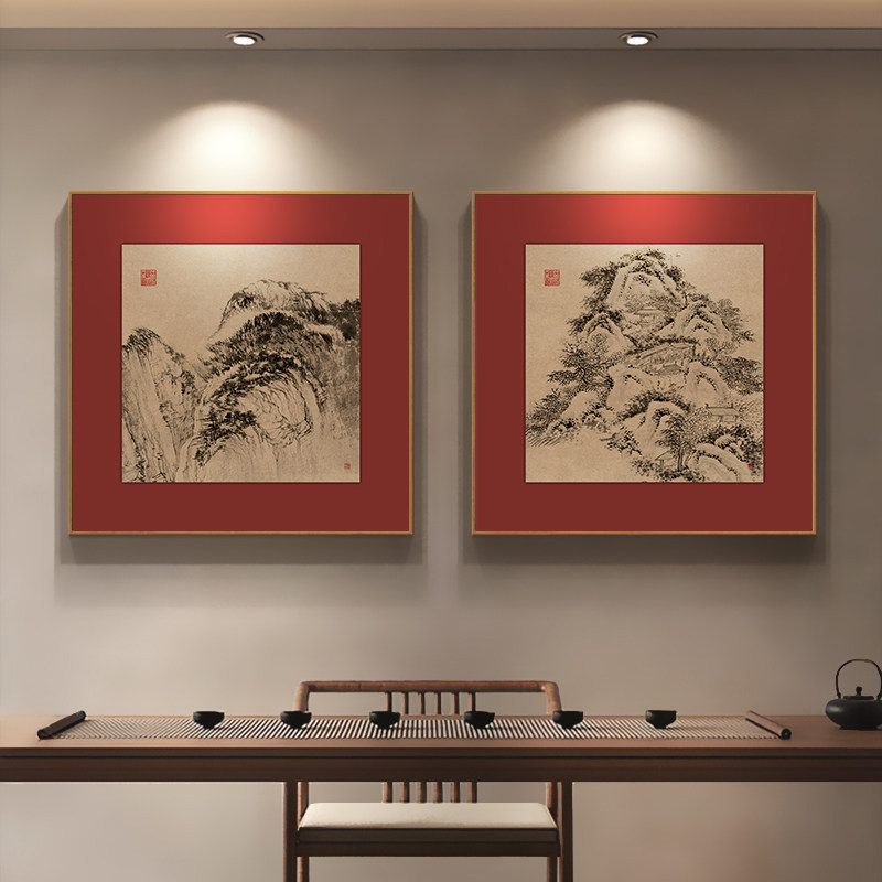 新中式餐厅背景墙装饰画高级感山水国画酒店红色挂画饭店包间壁画