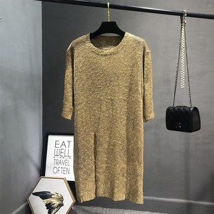 2020大码 秋冬新款 亮片连衣裙胖mm黑色慵懒风百搭开叉显瘦针织裙女