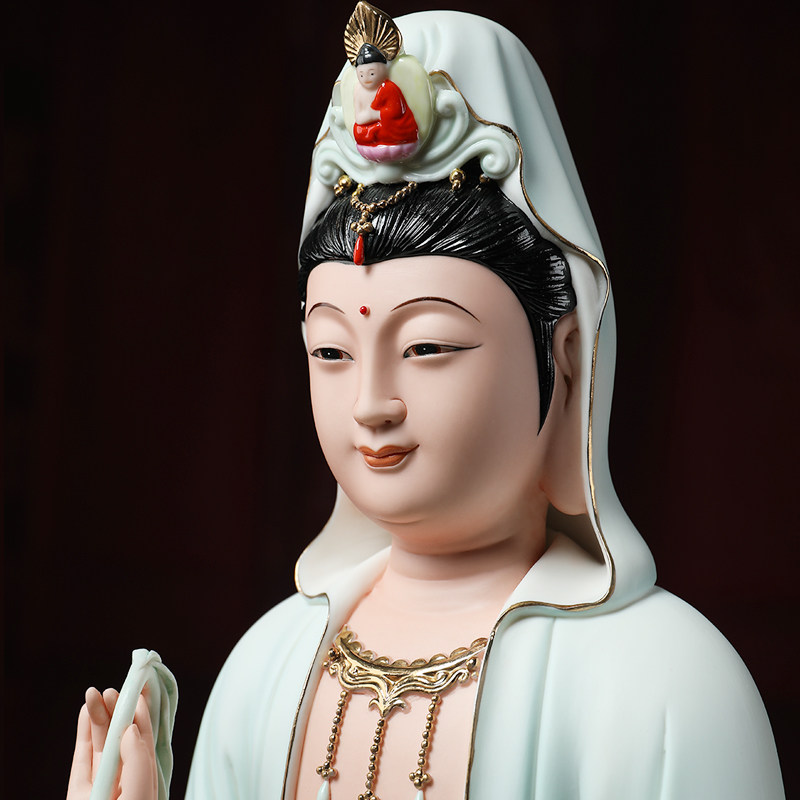 戴玉堂陶瓷宝莲观音佛像 18吋家用供奉蓝衣彩中式艺术摆设