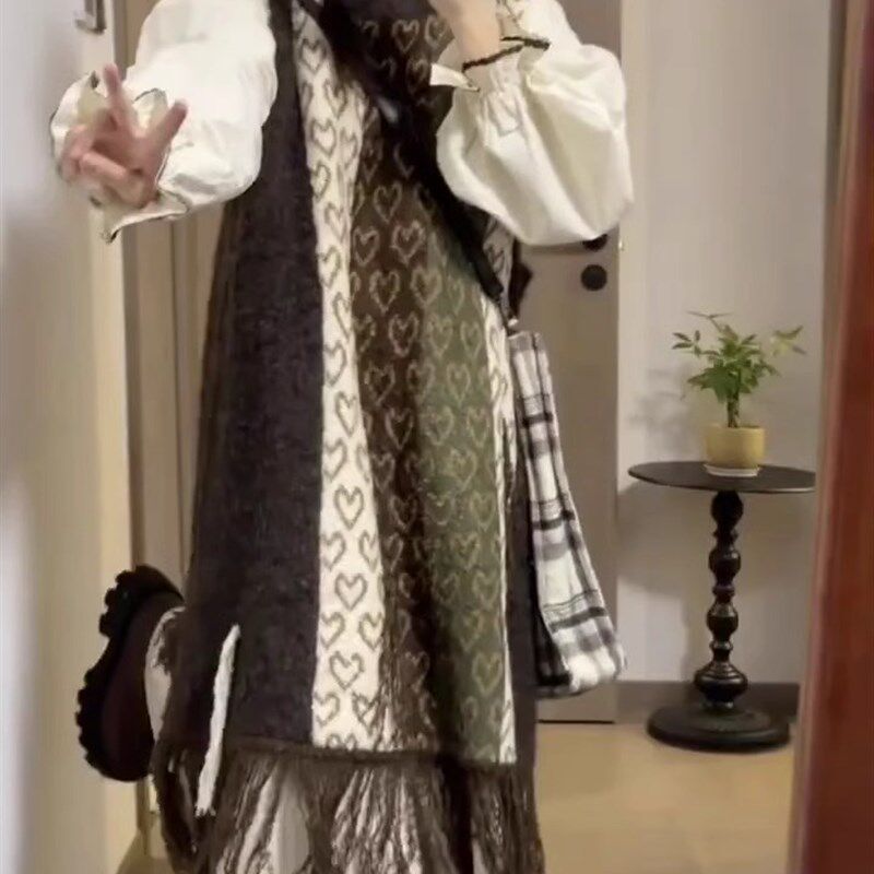 秋冬穿搭~爱心流苏针织无袖背心裙搭配中长款连衣裙套装内搭裙子