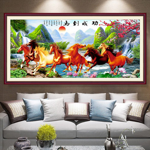 马到成功客厅装饰画办公室沙发背景墙壁布壁画2022新款自粘八骏图