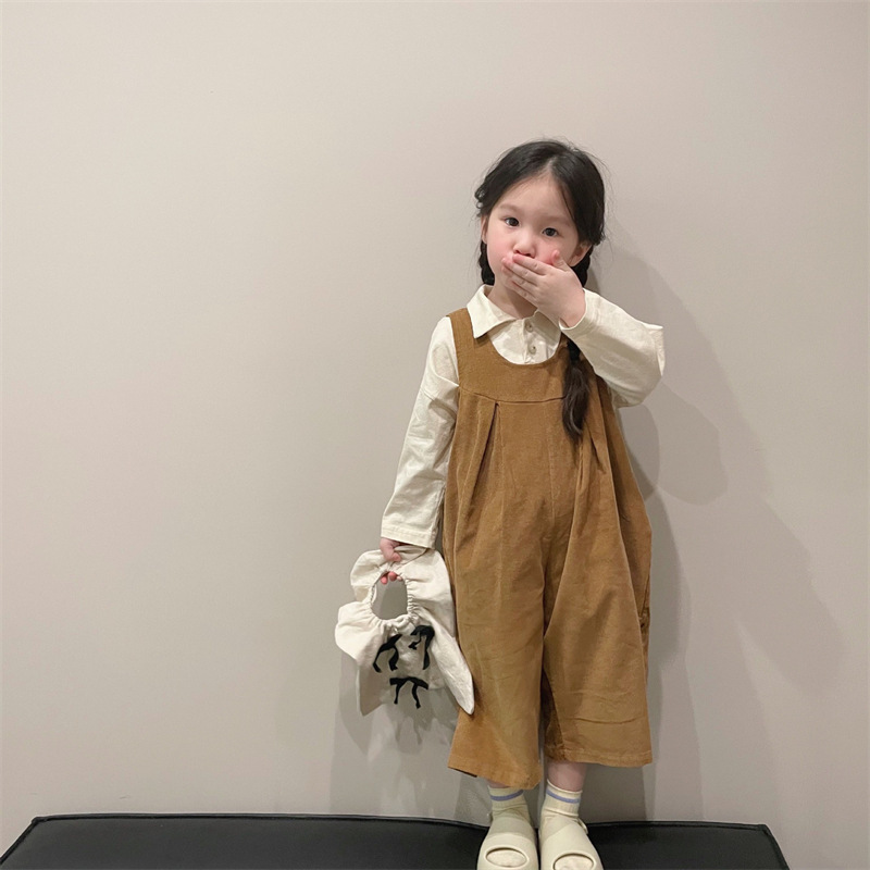 女童2022秋装新款儿童韩版翻领衬衫中小童洋气背带裤宝宝休闲套装
